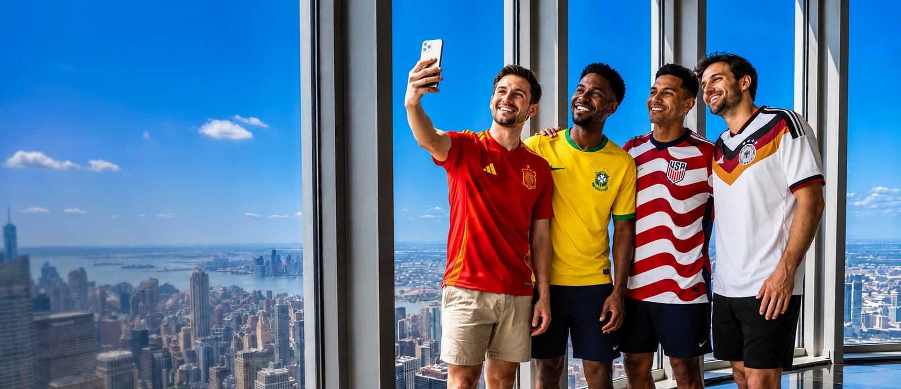 Group of guys taking selfie with football jerseys